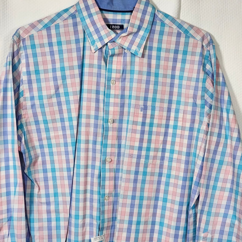 IZOD Mens Long Sleeve Button Down Shirt Plaid Blue Pink White Casual Size L - Picture 3 of 8